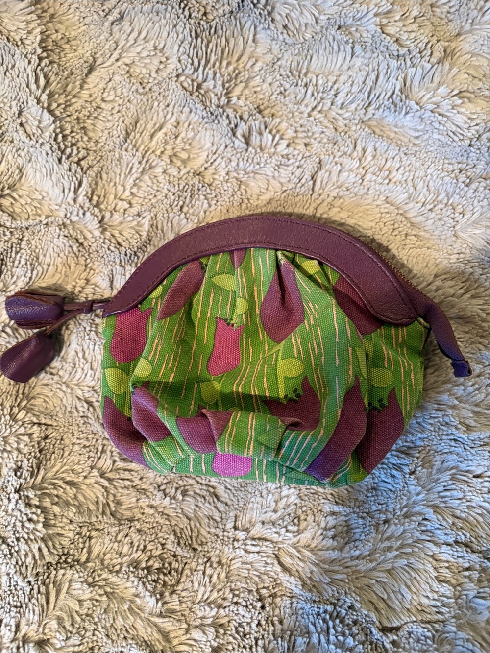 Anthropologie Green and Purple Floral Tulip Coin Pouch